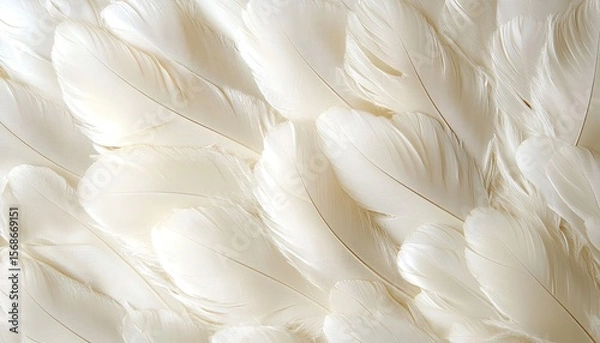 Fototapeta Soft, white feathers densely packed together create a smooth, fluffy texture. Ideal for backgrounds symbolizing purity, peace, or lightness in design.