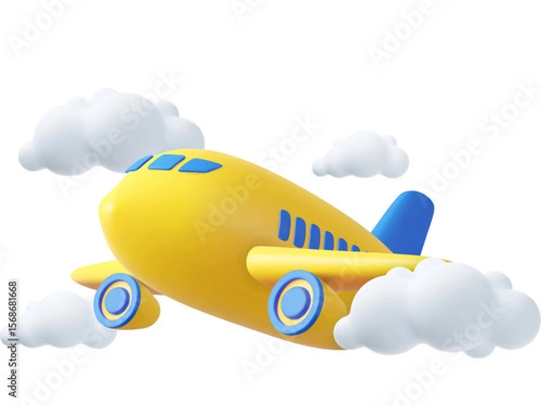 Fototapeta Toy airplane flying through a cloudy sky, a vector illustration of air travel and aviation
