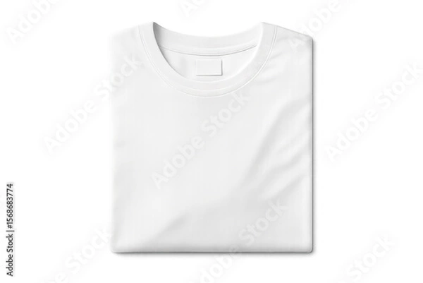 Obraz Folded white t-shirt with round neckline, blank label visible against transparent background, ready for graphic mockup