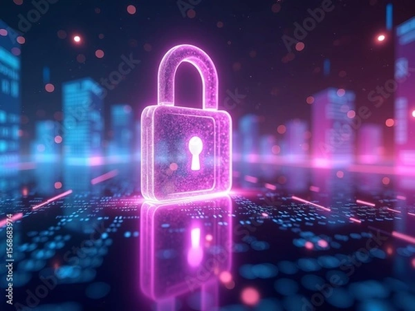 Fototapeta Futuristic digital padlock glowing in neon cityscape symbolizing cybersecurity, data protection, and safe technology in a virtual world