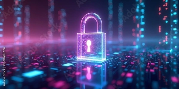 Fototapeta Futuristic glowing padlock symbolizing cybersecurity and data protection in a digital landscape filled with colorful information streams