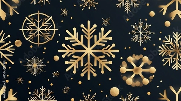 Fototapeta Elegant gold snowflake pattern on black background, festive design