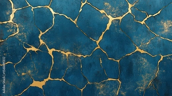 Fototapeta Abstract cracks, golden veins, dark blue background. Possible use  background design, texture, wallpaper
