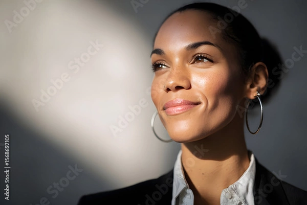 Fototapeta Toma en primer plano de una mujer africana con una mirada llena de confianza, usando pendientes, vestida con un traje formal, de apariencia pulcra y ordenada, elegante, segura de sí misma y bajo la lu