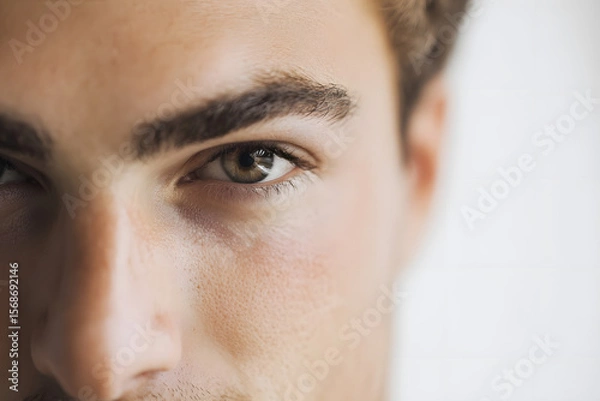 Fototapeta Primer plano de los ojos y cejas de un hombre de unos 20 años, de apariencia ordenada y pulcra, estilo publicitario, con piel bronceada.
