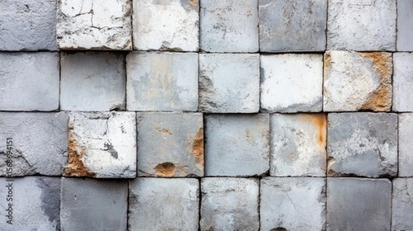 Fototapeta Damaged Concrete Block Wall; Background of Broken Tiles. Use Stock photo for architecture, construction, decay, or design
