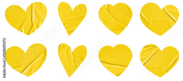 Obraz Set of vector yellow sticky note papers hearts shapes and wrinkles, Copy space stickers or patches for preview tags labels design