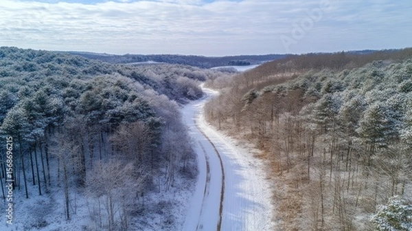 Fototapeta Snowy Forest Trail Aerial View. Possible use Stock photo