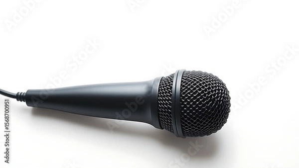 Obraz Professional microphone with detailed metal grille on a clean white surface under studio lighting.