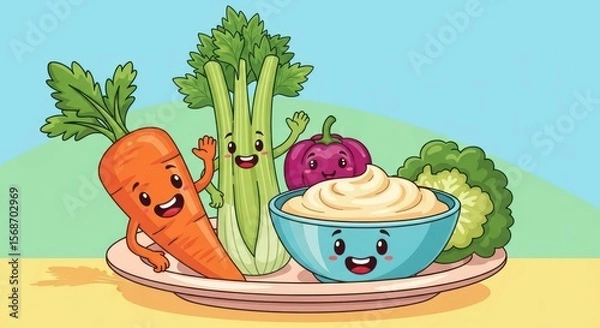 Obraz Cartoon vegetable characters with a bowl of dip on a plate