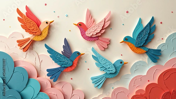 Obraz Colorful paper birds flying over layered pastel clouds in a whimsical sky.