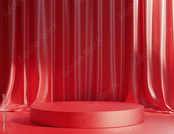 Obraz Red cylindrical platform before red satin curtains.