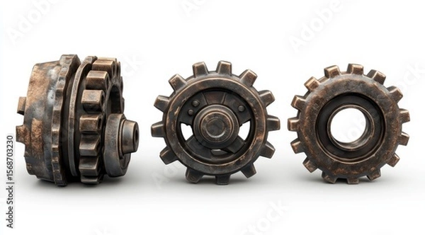 Obraz Three rusty bronze gears isolated on white background.