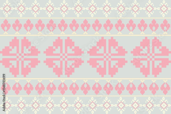 Fototapeta Seamless pattern design. Detailed vector illustration for textile design. Cross stitch pattern. Geometric pattern. Tribal pattern. Pixel art design.