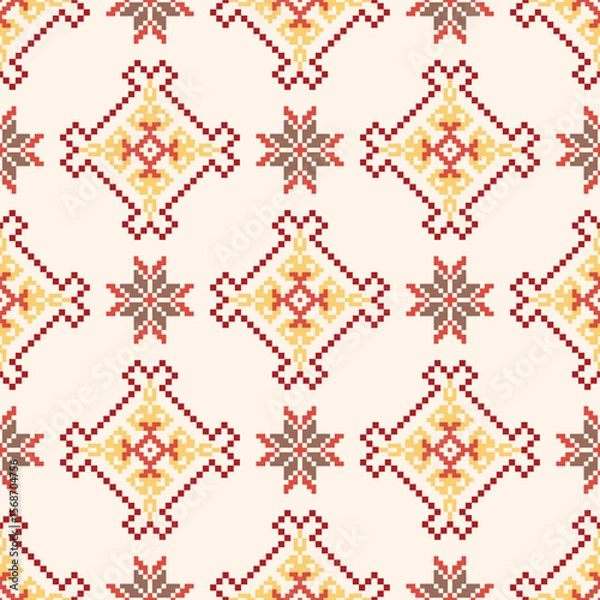 Obraz Seamless pattern design. Detailed vector illustration for textile design. Cross stitch pattern. Geometric pattern. Tribal pattern. Pixel art design.