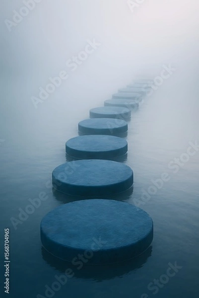 Fototapeta Stepping Stones Across Water in Foggy Environment Leading to Unknown Destination
