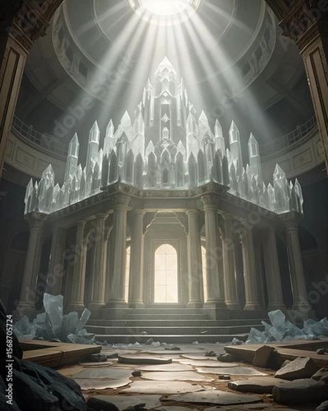 Fototapeta Create a 3D scene of a magnificent, ancient temple made of shimmering crystal, illuminated by cascading rays of sunlight.