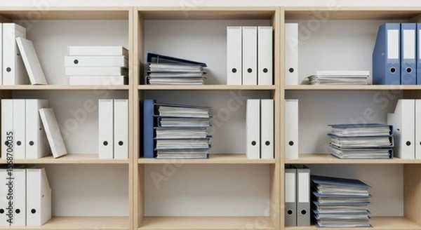 Fototapeta Light-colored wooden shelving unit filled with white and blue file folders and stacks of documents