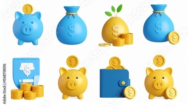 Fototapeta 3D Icons of Money: Piggy Banks, Wallets, and Coin Stacks for Financial Concepts