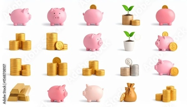 Fototapeta 3D Render of Piggy Banks, Gold Ingots and Coin Stacks for Savings