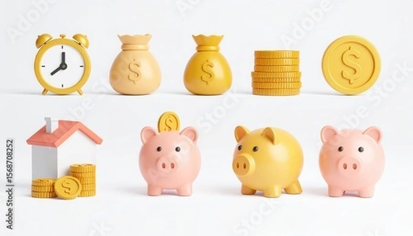 Fototapeta 3D Render of Financial Objects on White Background. Saving, Investing, and Banking.