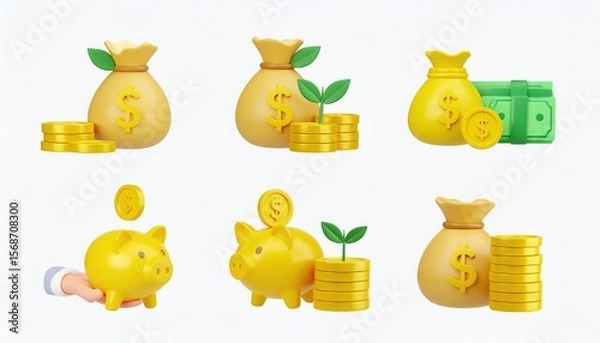 Fototapeta 3D Rendered Money Bags and Piggy Bank Icons. Saving and Investment Concept.