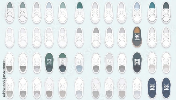 Fototapeta Collection of White Canvas Shoes Flat Lay, Top Down View