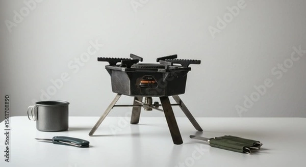 Fototapeta Portable camping stove, a gray mug, and multi-tool on a white table