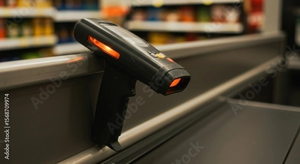 Fototapeta Close-up of a black barcode scanner mounted at a grocery store checkout.  Bright orange lights illuminate the scanner's lens.  Blurred shelves filled with food products are visible in the background