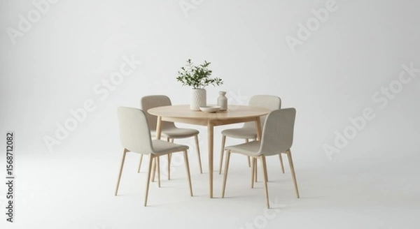 Fototapeta A light-colored wooden dining table and chairs in a minimalist setting.  A small plant sits on the table, with simple white décor