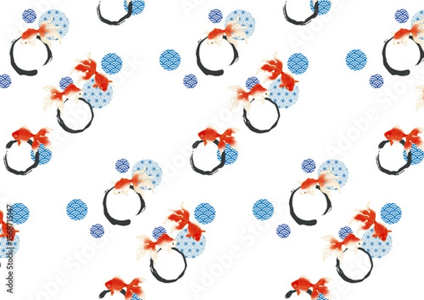 Obraz 丸い筆跡と金魚の和風壁紙