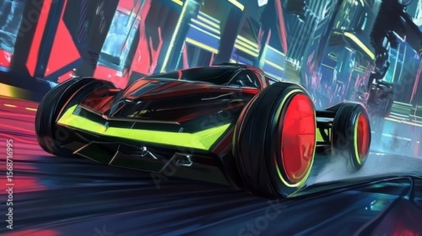 Fototapeta Futuristic autonomous race car speeding in a vibrant cityscape at night