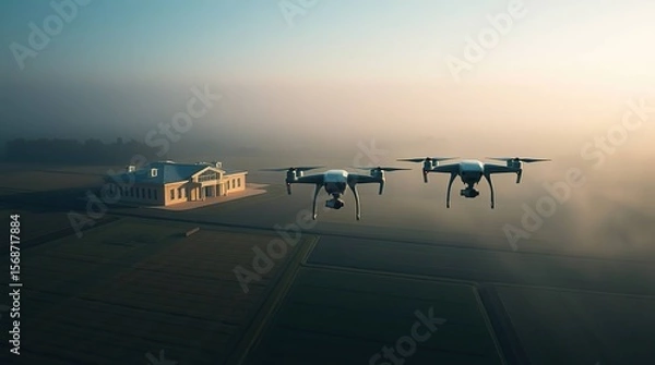 Obraz Drones survey farmland near a building