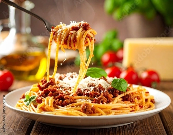 Obraz 뜨거운 볼로네제 스파게티를 포크로 들어 올리는 장면 A scene of lifting hot spaghetti bolognese with a fork

