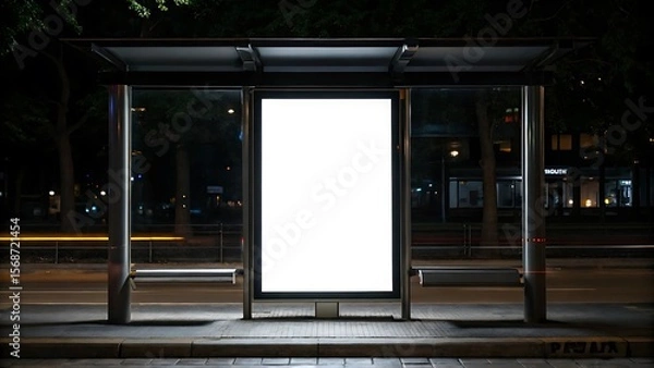 Fototapeta Modern bus shelter night illuminated advertisement display