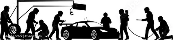 Fototapeta Pit stop silhouette race car maintenance team working fast service vector illustration graphic design