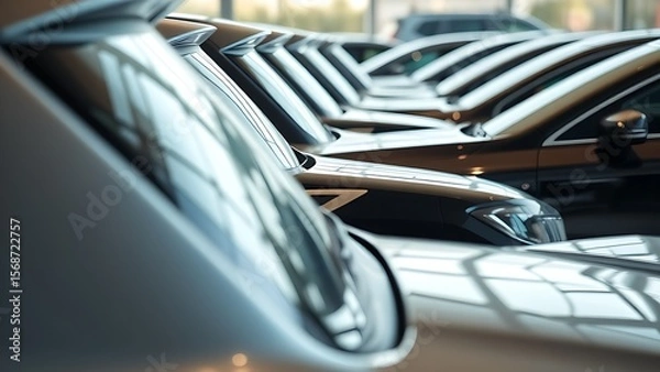 Obraz Shiny cars displayed in a neat row at a dealership with metallic reflections.
