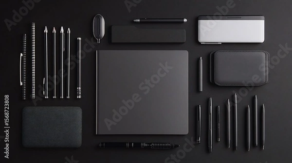 Fototapeta Sophisticated monochromatic flat lay composition featuring stationery and personal accessories in shades of black and gray