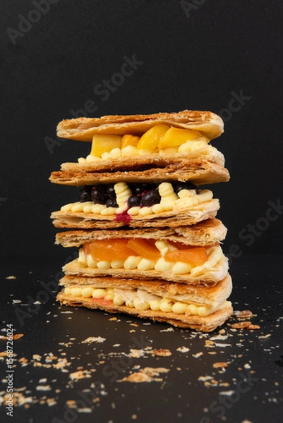 Fototapeta Delicious waffles with fruits on a black background, close-up