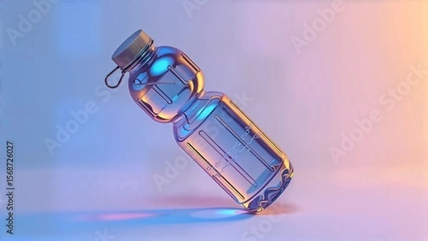 Fototapeta A glossy 3D water bottle mockup, featuring iridescent colors and sleek circuitry patterns, illuminated with low-key lighting.