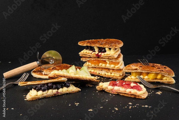 Fototapeta Waffles with fruit on a black background. Close-up.