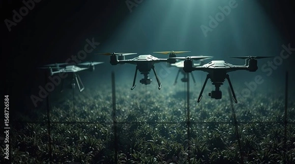 Obraz Ethereal spiritual vibe chiaroscuro lighting on sculpted, textured, layered papier-mâché drones conducting smart farming over farmland, strong contrasts, deep shadows, light aura