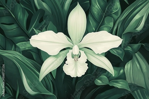 Fototapeta Exotic botanical Ghost Orchid illustration, the flower set against complex tropical leaves, rich shades of green and soft white.The Ghost Orchid,tropical plants,wild orchids,rare flowers.