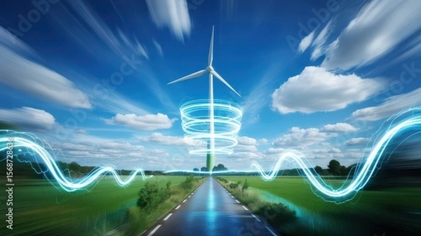 Fototapeta Wind Turbine over Road and Fields with Energy Motion Visual Effects