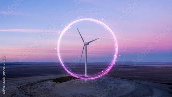 Fototapeta Isolated Wind Turbine in Desert with Glowing Energy Portal Effect