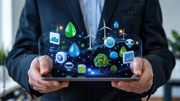 Fototapeta Eco-Friendly Holographic Icons Displayed on Digital Tablet for Green Innovation