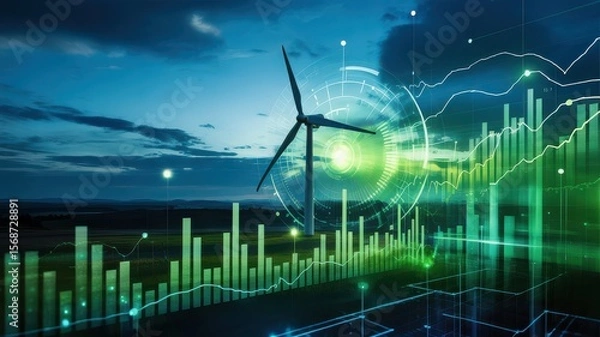 Fototapeta Wind Turbine with Glowing Green Graphs and Futuristic Energy Dashboard at Night