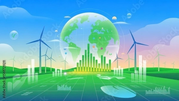 Fototapeta Green Earth with Wind Turbines and Global Sustainability Data Visualization