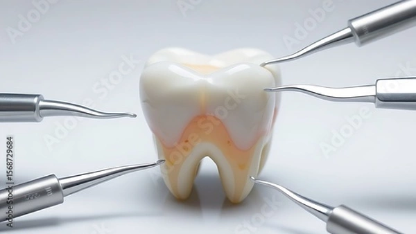Obraz Dental tools in protective circle around aging tooth under clinical light