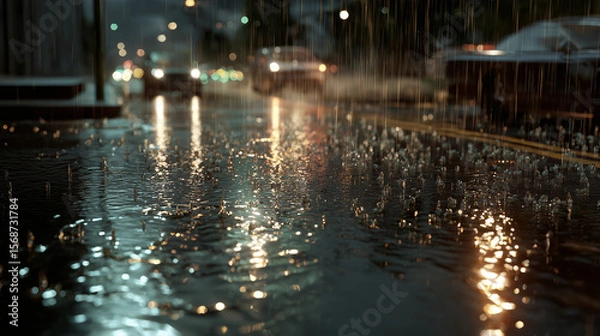 Obraz 雨が降る夜の道路の光と雨粒と水たまり